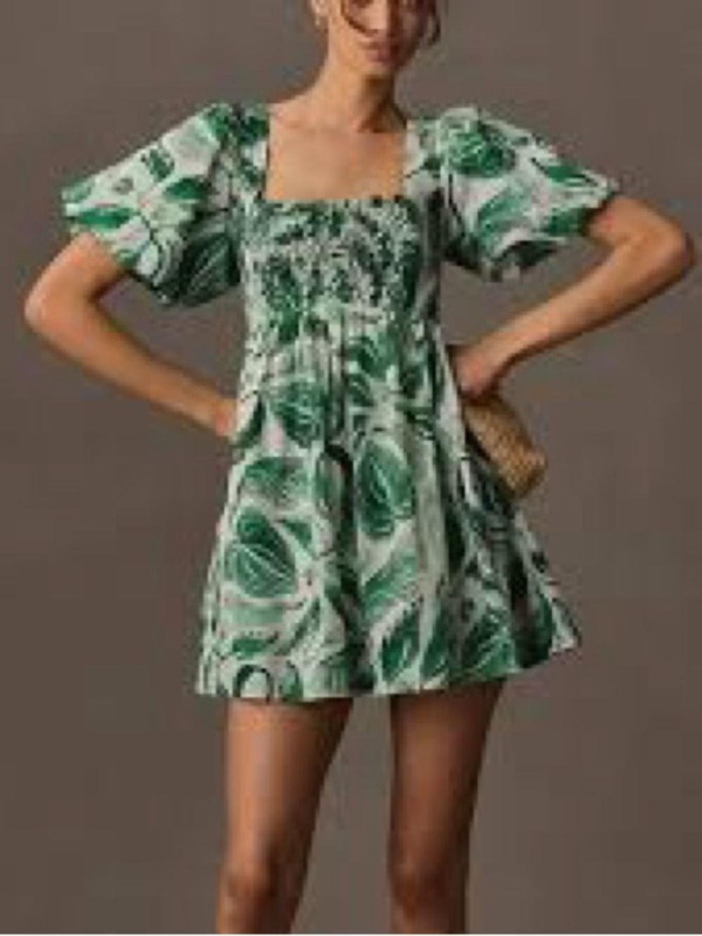 Maeve Green & White Leaf-Print Smocked Puff-Sleeve Mini Dress